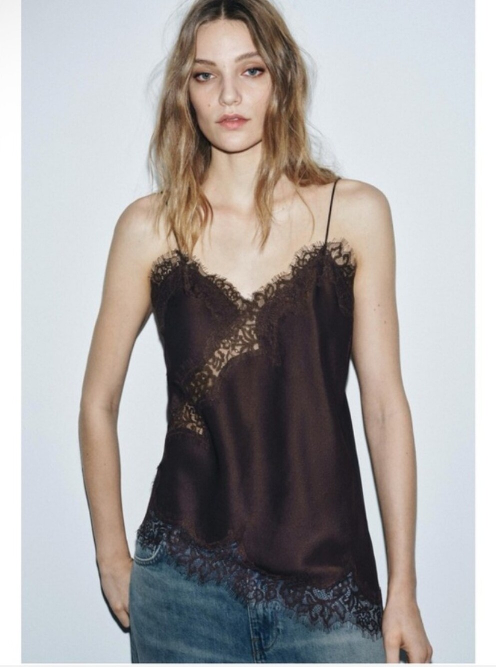 Zara Dark Brown Satin Lace-Trim Cami